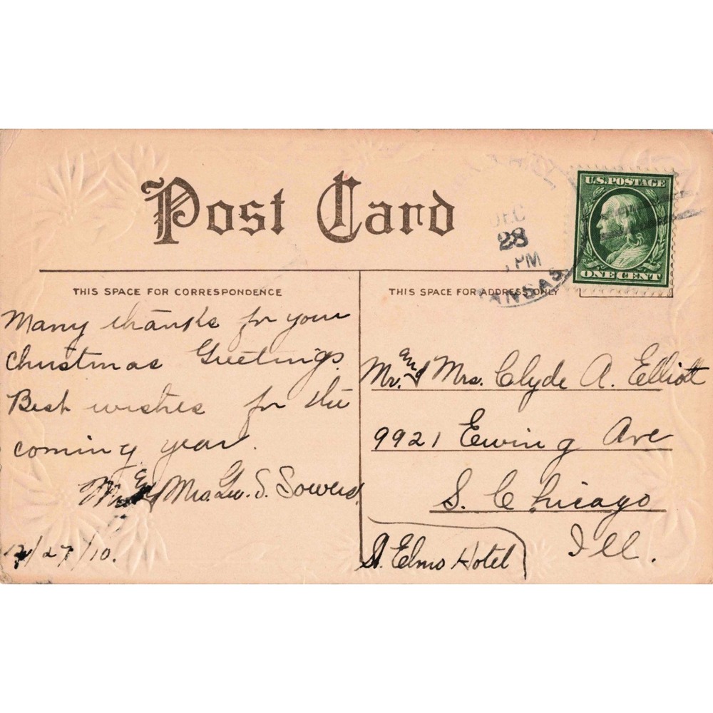 Antique 1910 Happy New Year Postcard Poinsettia Border 1c Franklin Stamp VG - Picture 2 of 2